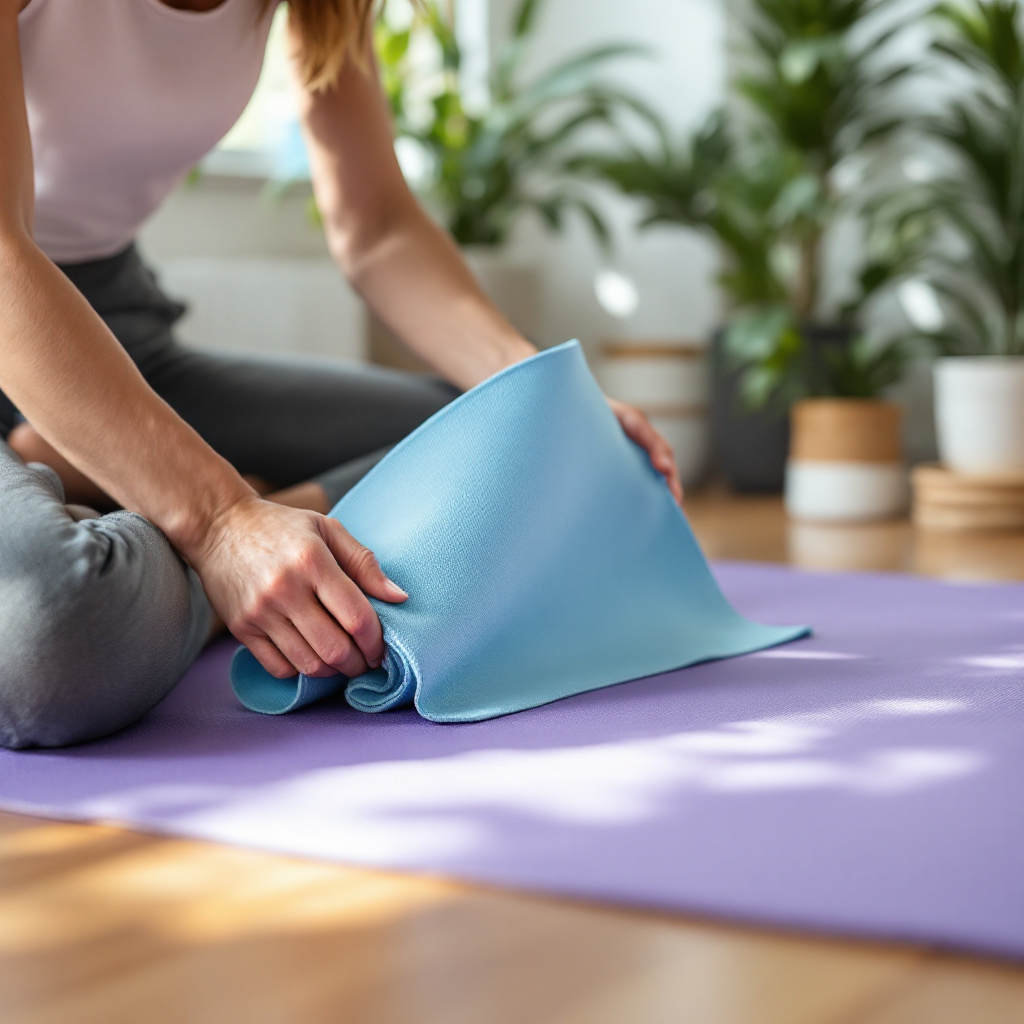 Frau demonstriert wie man ein Yoga Handtuch richtig auf Matte legen kann
